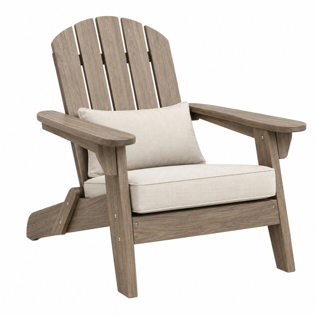 Gartenstuhl 80 x 76 x 98 cm in Holzoptik mit beiger Polsterung - Adirondack Stil