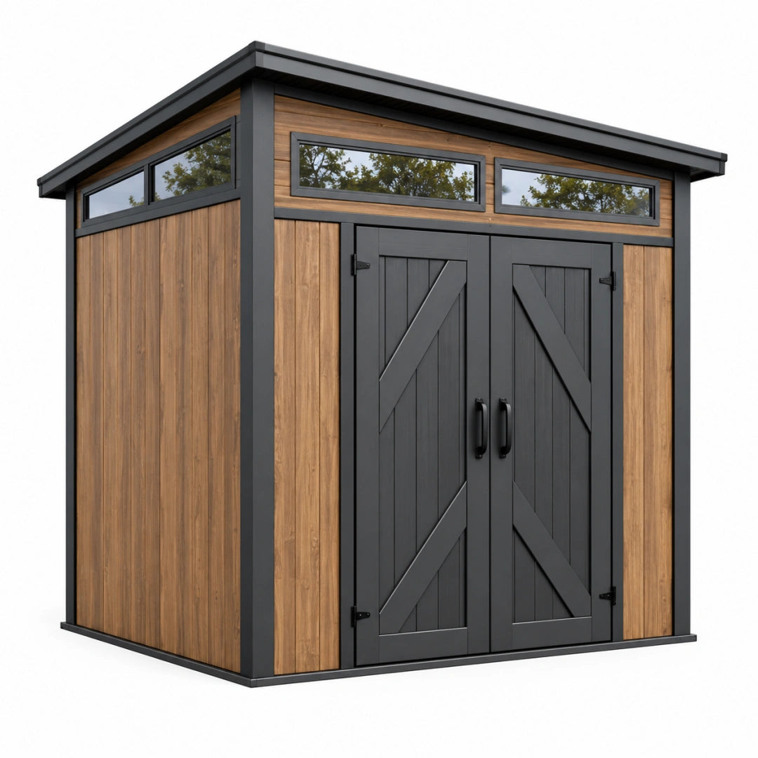Gartenhaus 200 x 120 x 200 cm Holz und Metall Braun Schwarz modernes Gerätehaus mit Doppeltür