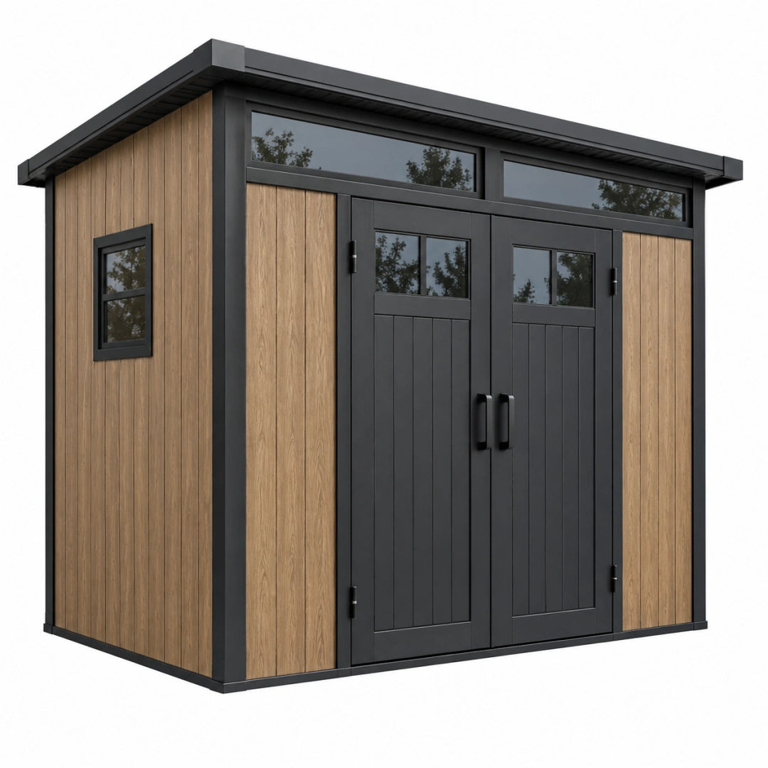 Gartenhaus 200 x 120 x 190 cm aus Metall in Schwarz/Holzoptik mit Doppeltür und Fenstern