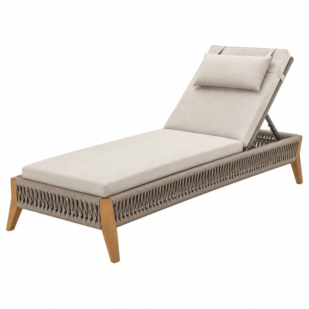 Sonnenliege 200 x 75 x 85 cm mit Holzgestell in Beige - verstellbare Gartenliege mit Seilgeflecht