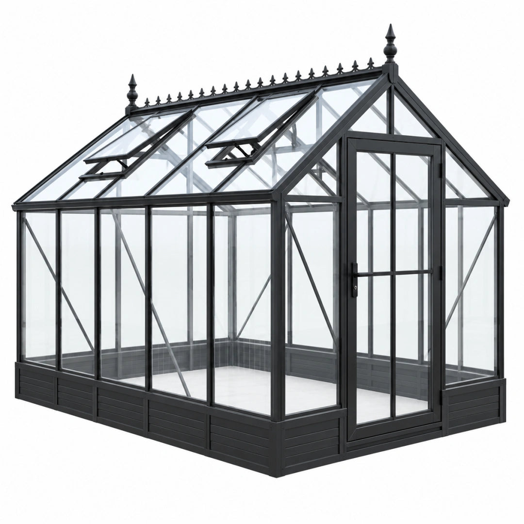 Gewächshaus 300 x 240 x 260 cm Aluminium Glas Schwarz viktorianischer Stil mit Tür und Dachfenstern
