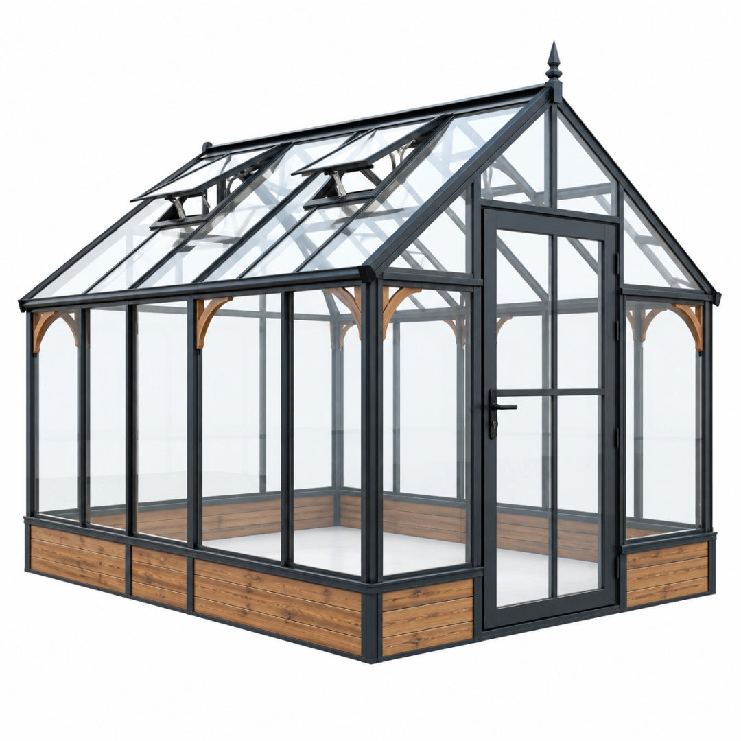 Gewächshaus 300 x 240 x 250 cm aus Glas und Metall Schwarz Braun mit Dachfenstern