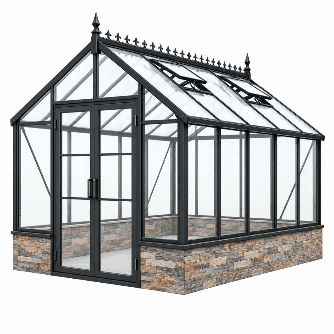 Gewächshaus 300 x 240 x 250 cm Metall und Glas Schwarz mit Doppeltür und Dachfenstern