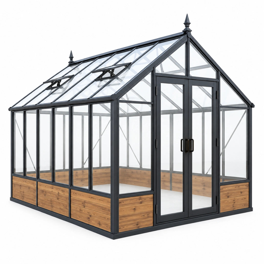 Gewächshaus 300 x 240 x 300 cm Aluminium Glas Schwarz Holzoptik mit Doppeltür und Dachfenstern