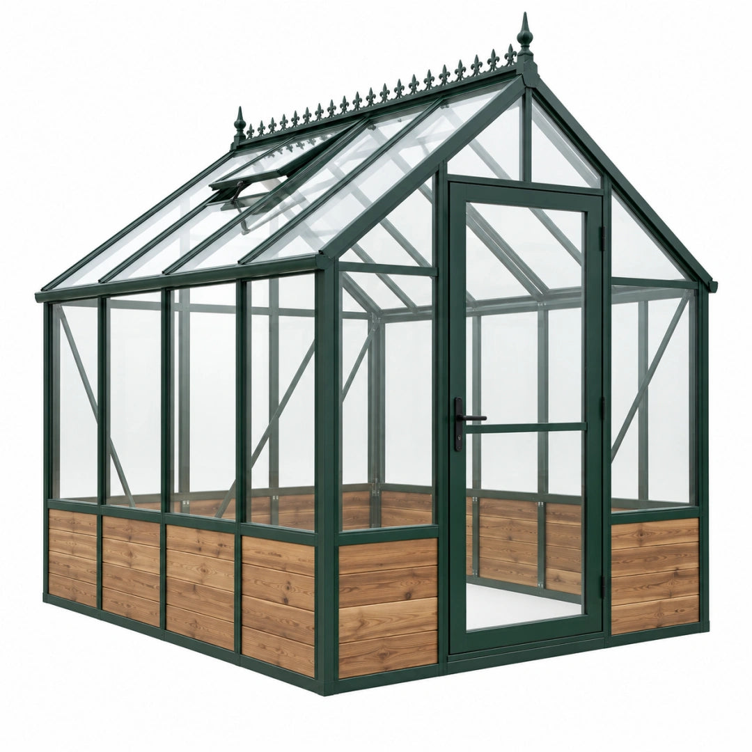 Gewächshaus 244 x 188 x 250 cm Aluminium Glas Dunkelgrün mit Holzpaneelen und Dachfenster