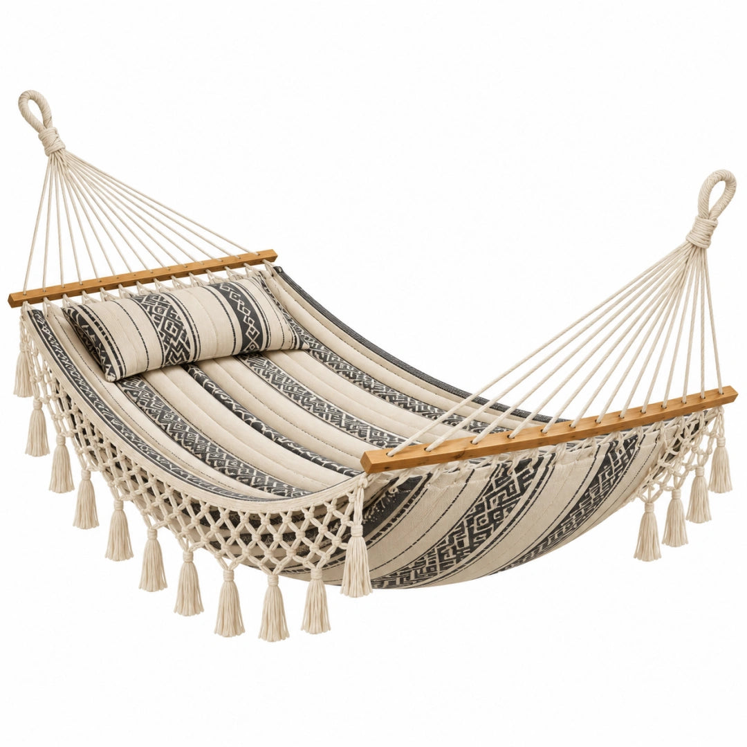 Hängematte 200 x 120 cm aus Baumwolle Beige Schwarz im Boho-Stil