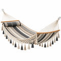 Stabhängematte 300 x 140 cm aus Baumwolle Beige Grau mit Holzspreizstäben im Boho-Stil