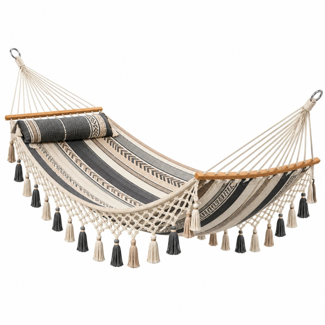 Stabhängematte 300 x 140 cm aus Baumwolle Beige Grau mit Holzspreizstäben im Boho-Stil