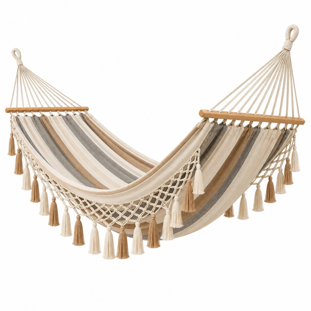 Hängematte 200 x 100 cm aus Baumwolle Beige/Grau mit Holzspreizstäben im Boho-Stil