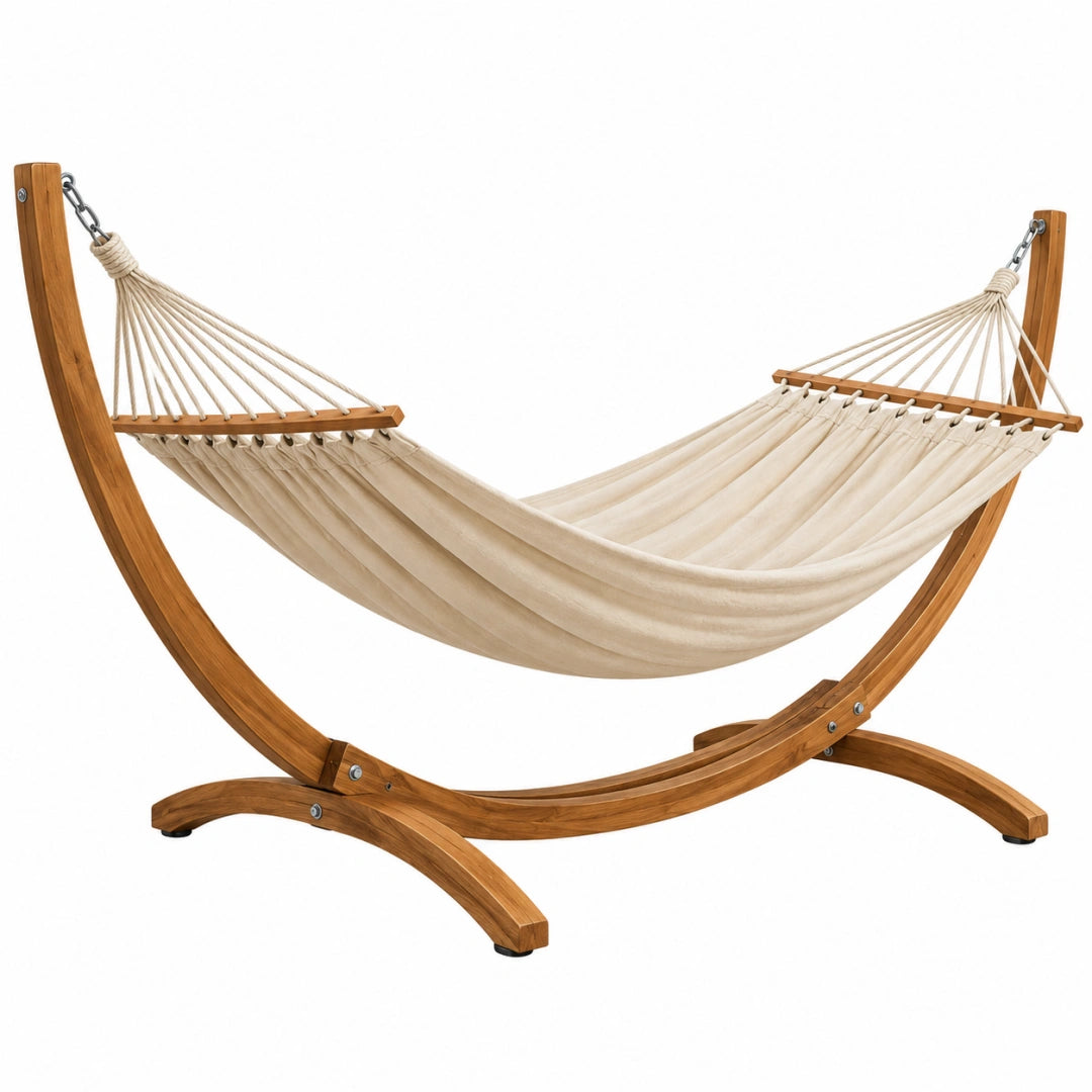 Hängematte mit Gestell 320 x 120 x 110 cm aus Holz und Baumwolle in Naturbraun für Garten und Terrasse