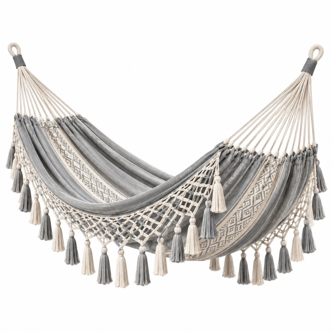 Hängematte 200 x 150 cm Baumwolle Grau Beige mit Fransen im Boho-Stil