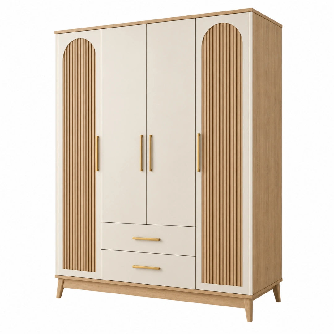Kleiderschrank 160 x 55 x 200 cm Holzwerkstoff Beige Naturholz mit 4 Türen und 2 Schubladen