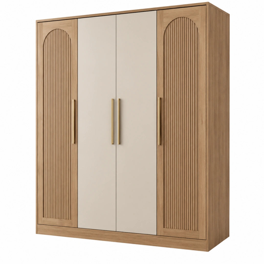 Kleiderschrank 180 x 60 x 200 cm Eiche Beige Holzwerkstoff 4 Türen geriffelter Modernstil