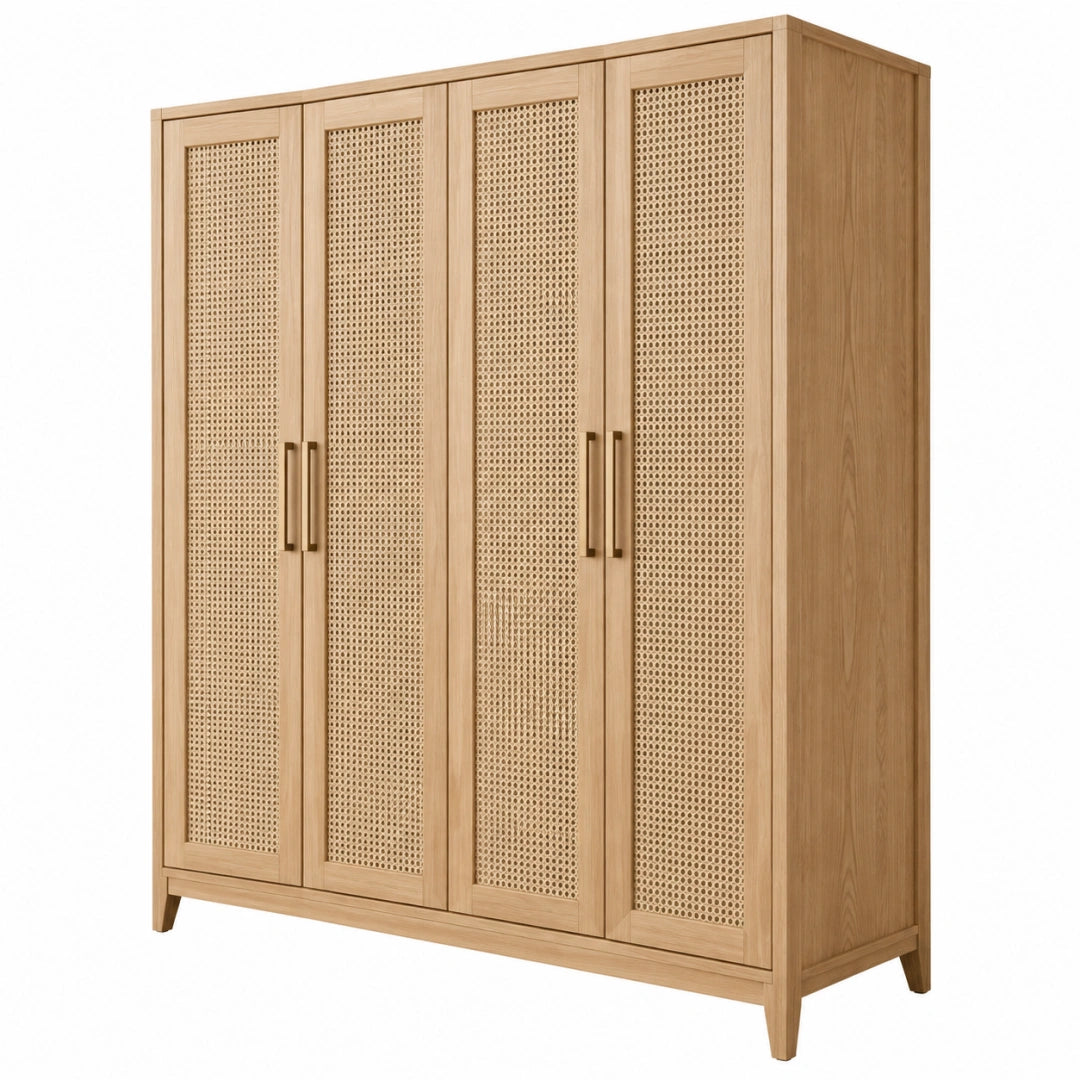 Kleiderschrank 160 x 60 x 200 cm Holz Natur mit Rattangeflecht im Boho-Stil