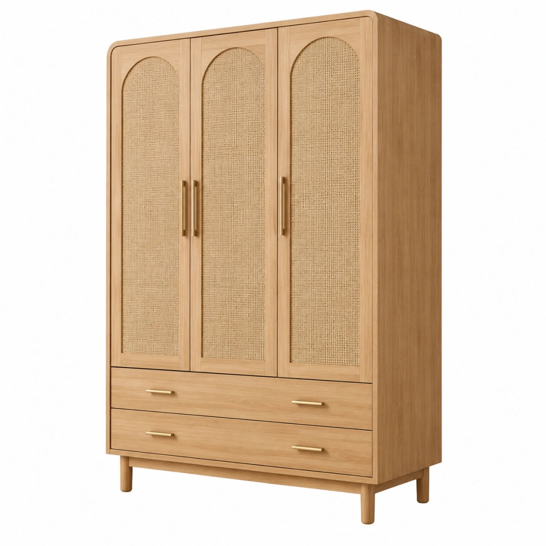 Kleiderschrank 120 x 55 x 190 cm Naturholz Beige mit Rattangeflecht und 3 Türen