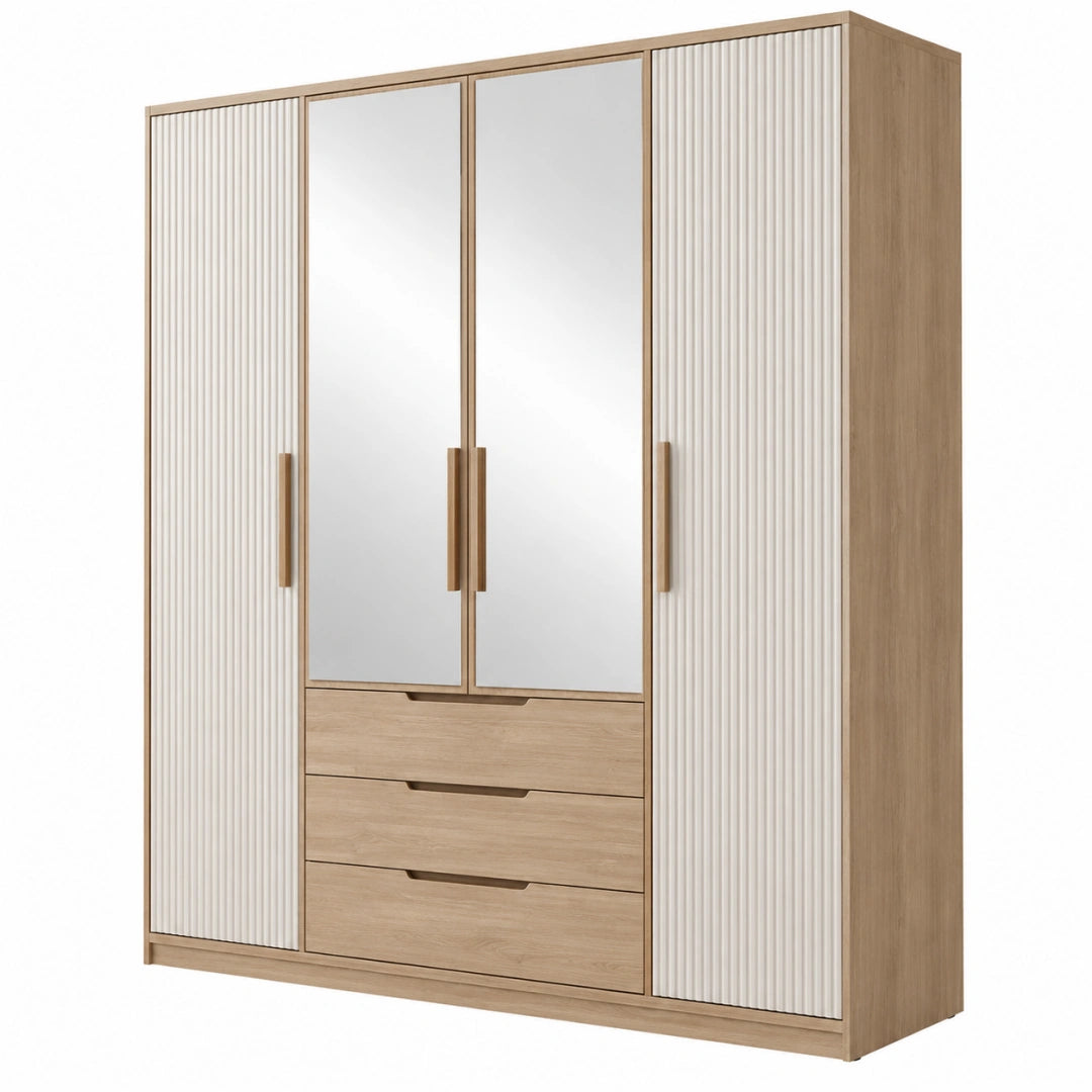 Kleiderschrank 160 x 52 x 200 cm Holzwerkstoff Eicheoptik Weiß Modern mit Spiegeln und Schubladen