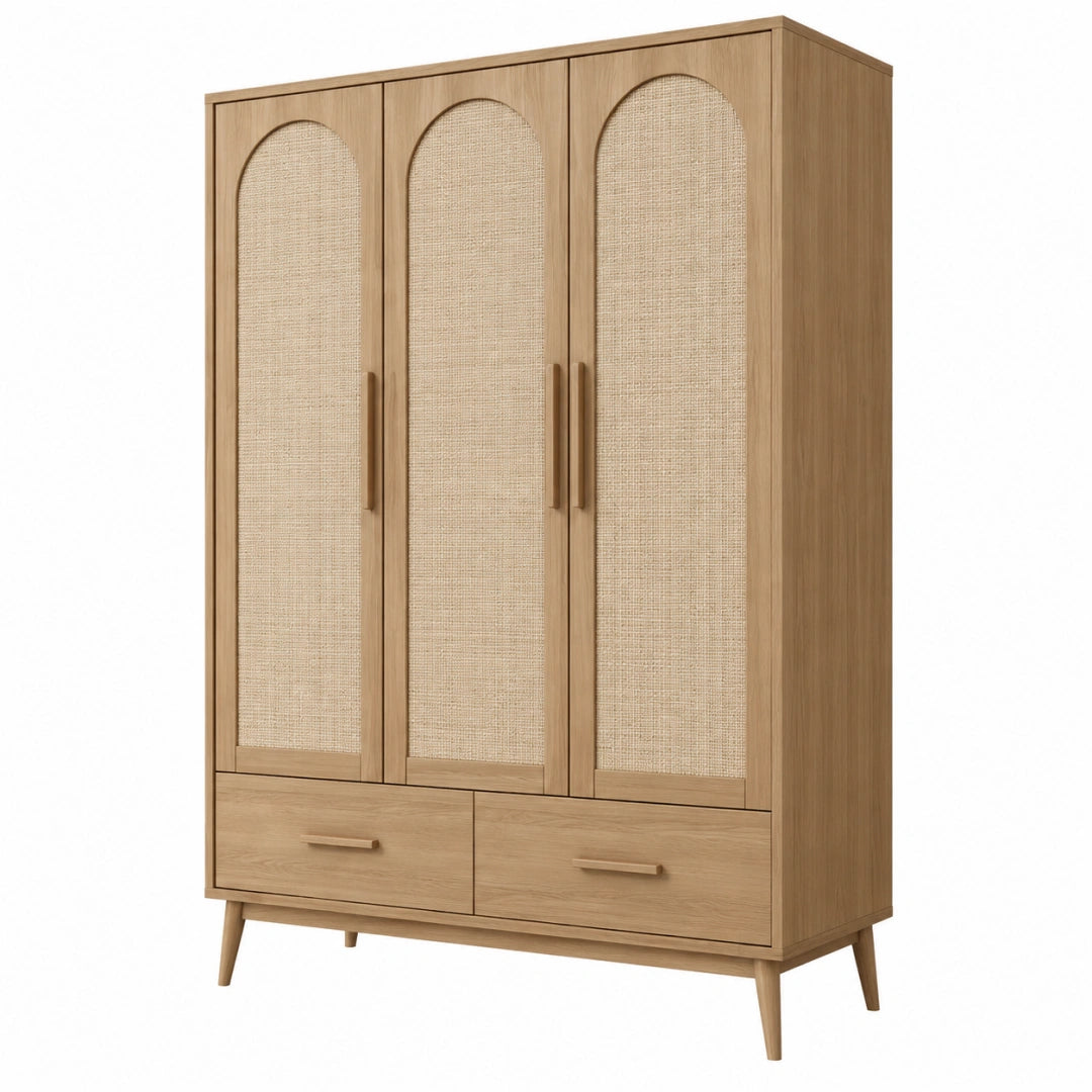 Kleiderschrank 120 x 55 x 190 cm Holzdekor Natur mit Rattangeflecht skandinavischer Stil
