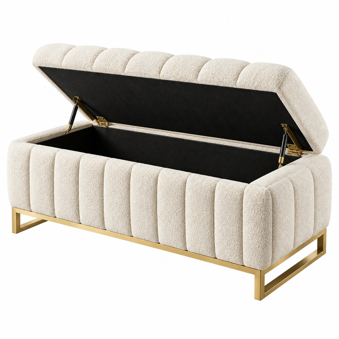 Sitzbank mit Stauraum 120 x 45 x 50 cm Bouclé Creme Gold gepolstert