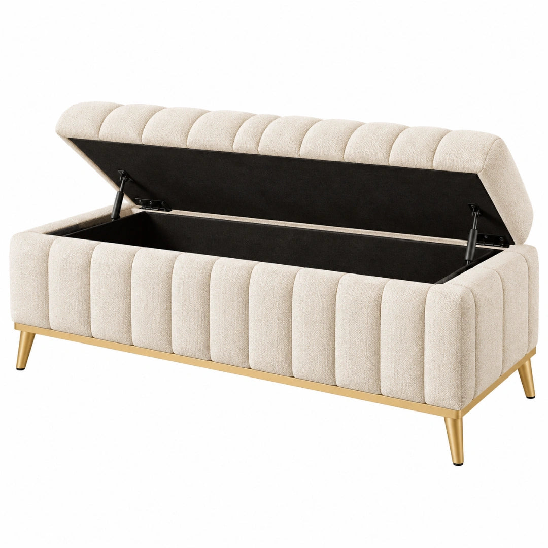 Aufbewahrungsbank 120 cm Creme Bouclé Stoff mit Stauraum und Metallfüßen