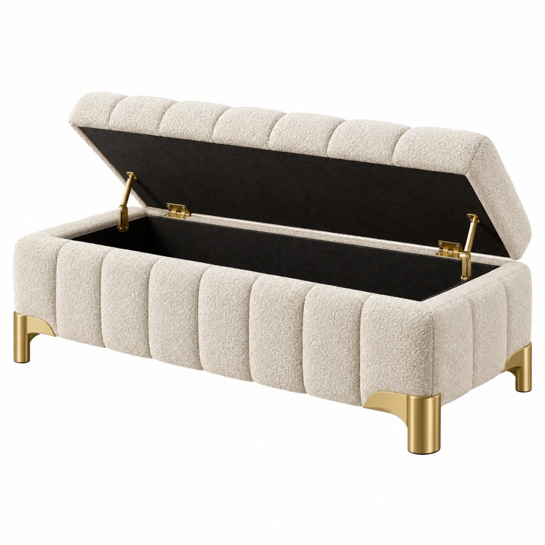 Sitzbank 120 x 45 x 50 cm mit Stauraum Bouclé Beige Gold - gepolsterte Truhenbank