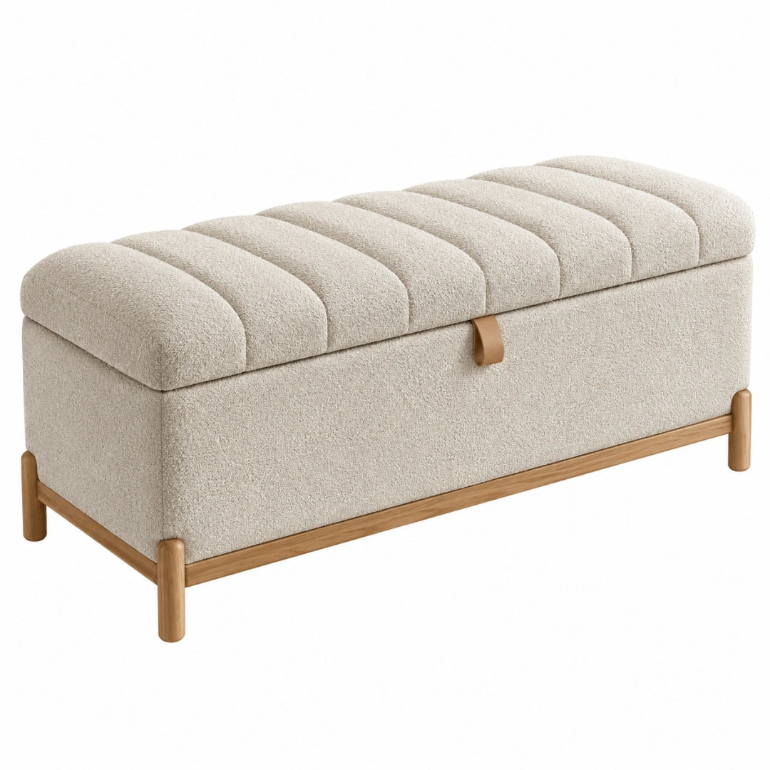 Sitzbank mit Stauraum 120 cm Bouclé Creme Holz - gepolsterte Truhenbank