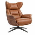 Drehsessel 85 x 90 x 105 cm Leder Braun mit Holzschale und hoher Rückenlehne