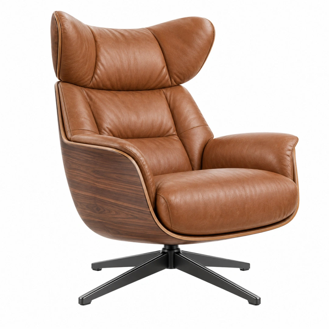 Drehsessel 85 x 90 x 105 cm Leder Braun mit Holzschale und hoher Rückenlehne