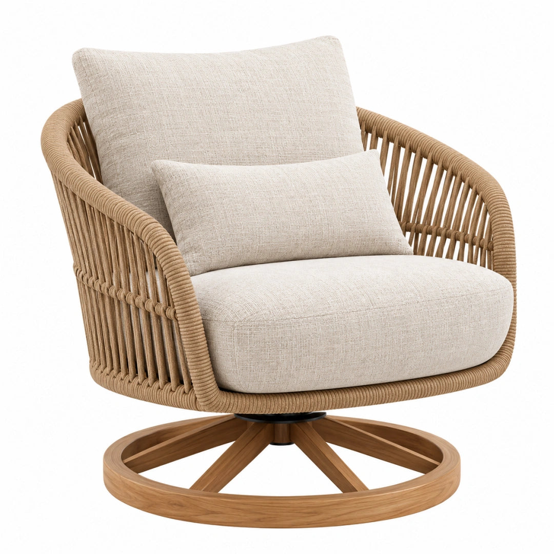 Drehsessel 85 x 82 x 90 cm in Beige mit Seilgeflecht und Holzgestell