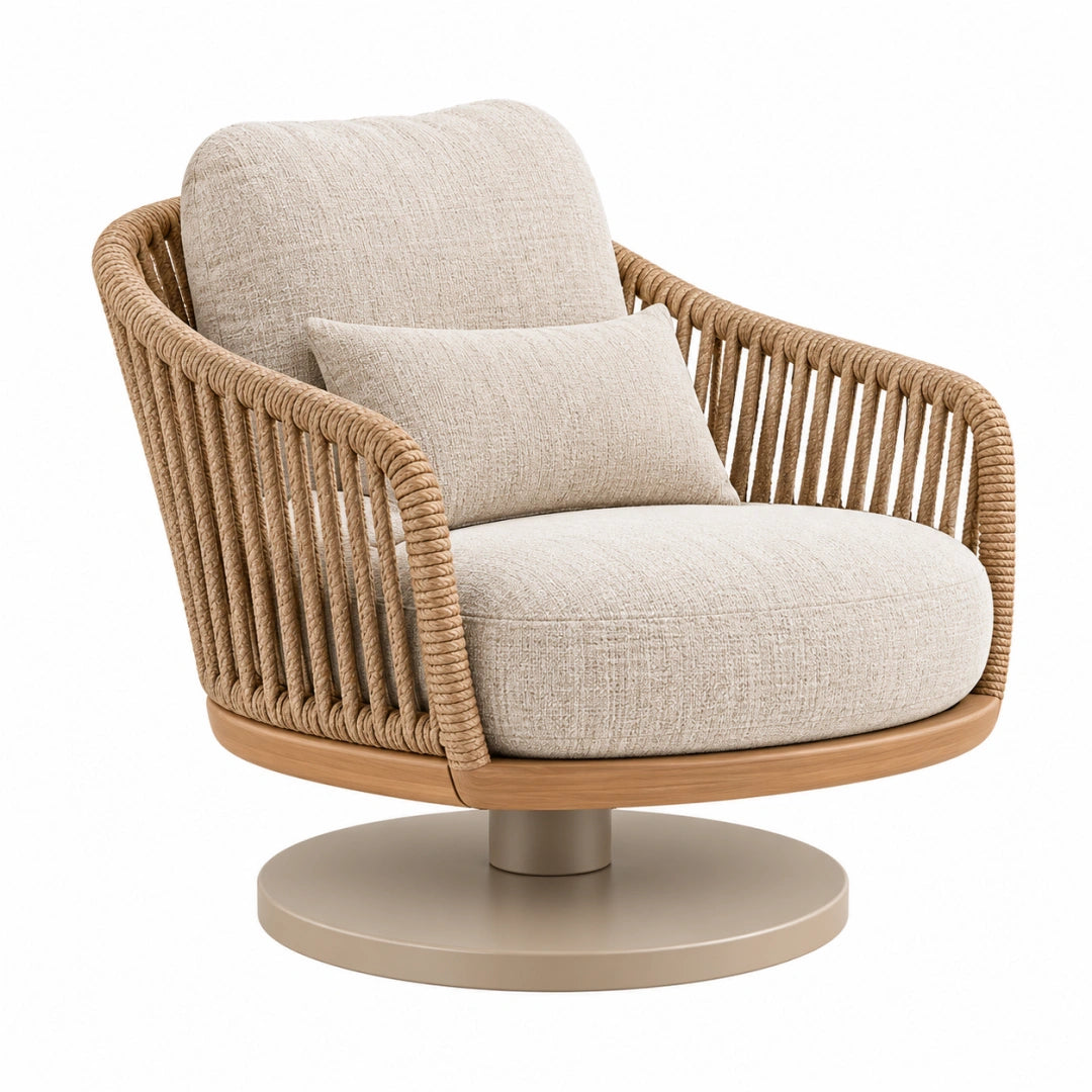 Drehsessel 85 x 82 x 85 cm mit Textilbezug in Beige und Seilgeflecht