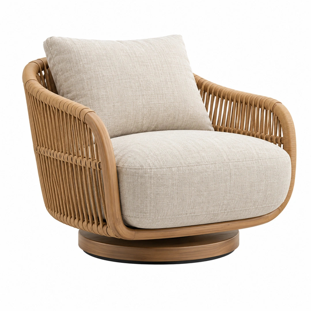 Drehsessel 85 x 82 x 82 cm Rattan Beige mit Textilbezug im Boho-Stil