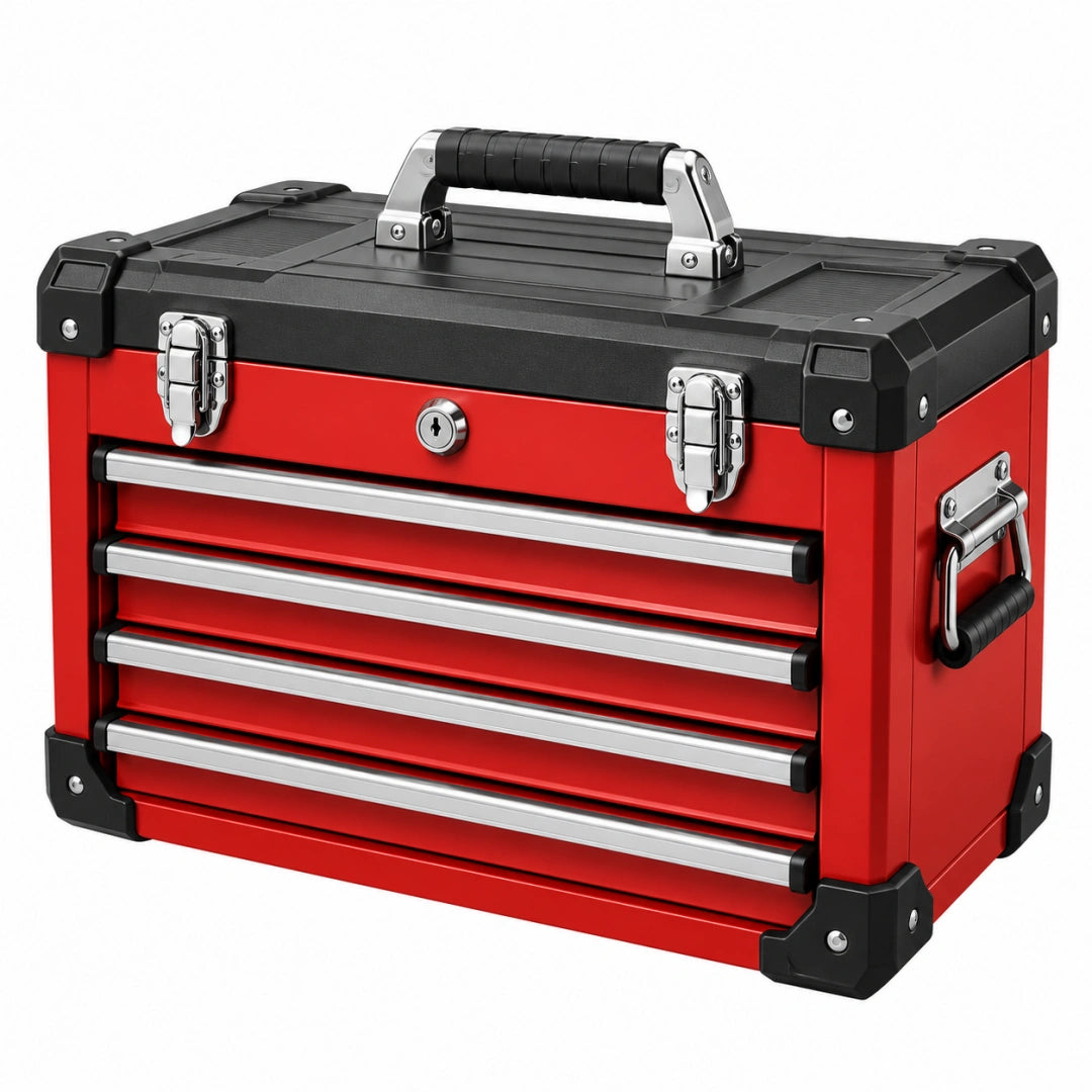 Werkzeugkoffer 60 x 30 x 35 cm aus Stahl Rot mit 5 Schubladen und Tragegriff