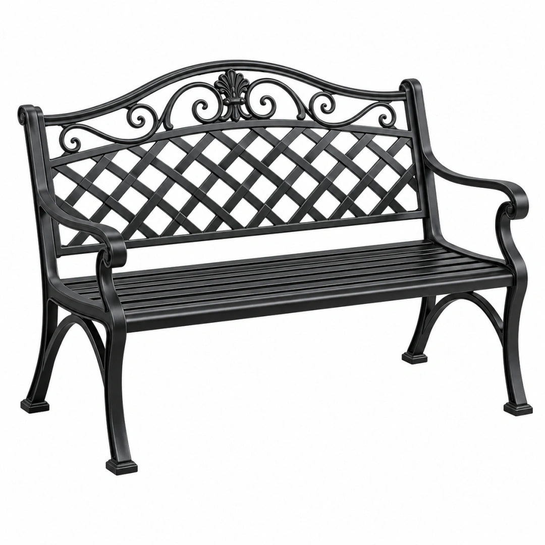Gartenbank 125 x 60 x 90 cm aus Metall Schwarz mit Ornamentgitter