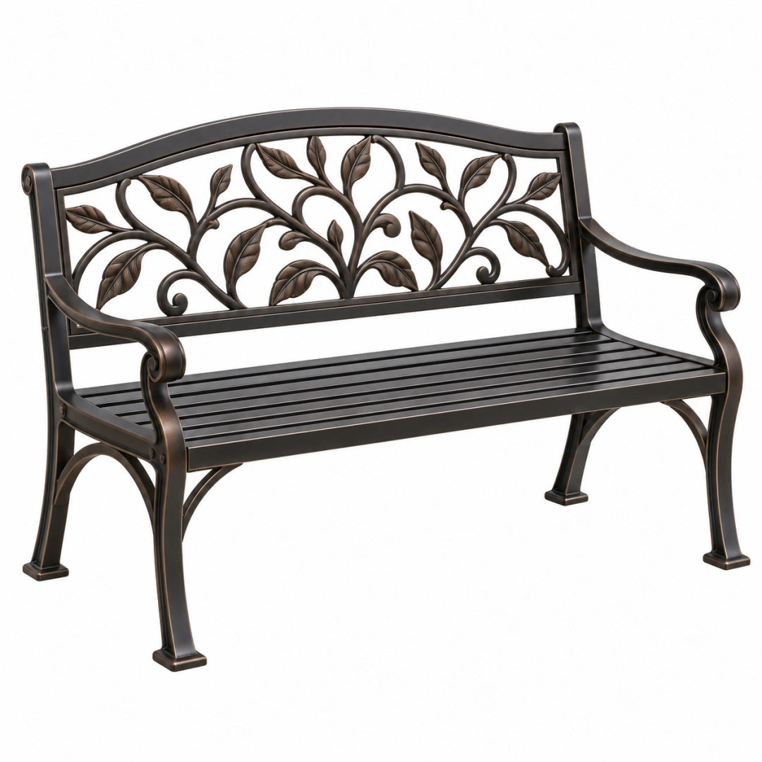 Gartenbank 122 x 62 x 95 cm Metall dunkelbraun mit Blattdekor