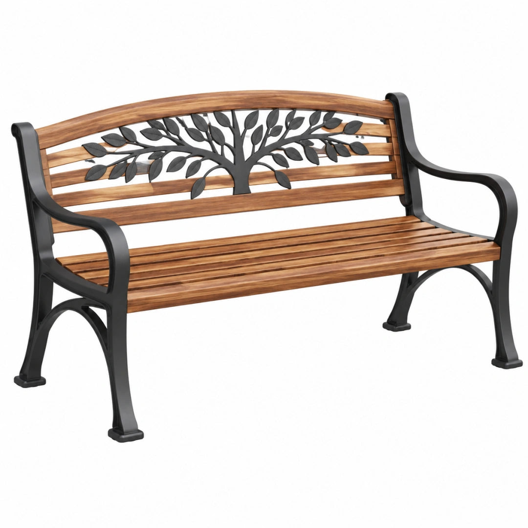 Gartenbank 122 cm Holz Metall Braun Schwarz mit Armlehnen Baumdekor