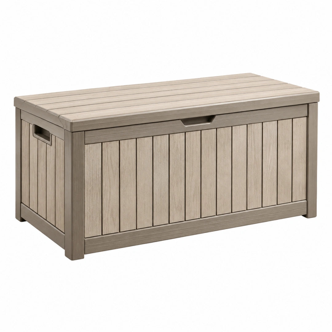 Auflagenbox 120 x 60 x 63 cm aus Kunststoff Grau in Holzoptik mit Klappdeckel