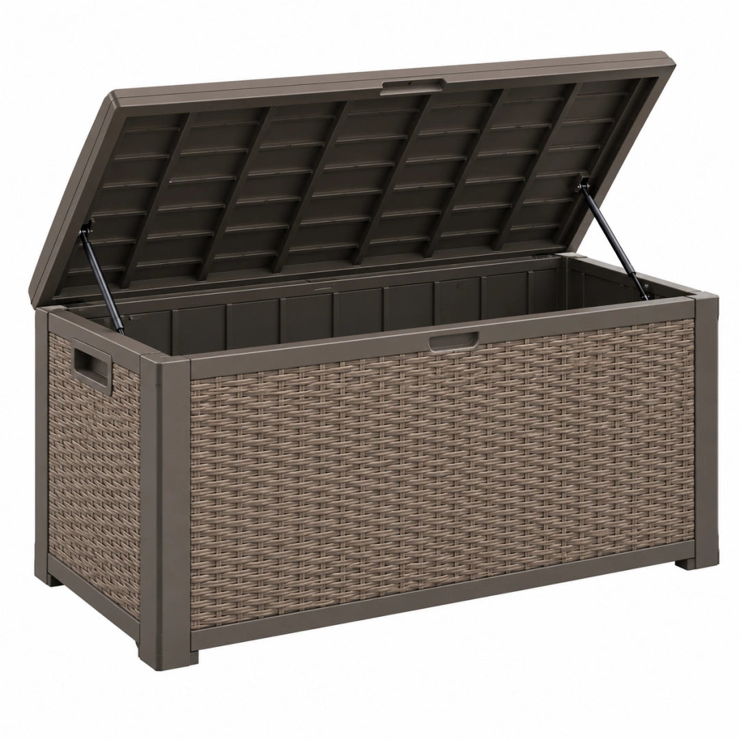 Garten-Aufbewahrungsbox 120 x 55 x 60 cm Kunststoff Taupe mit Klappdeckel in Rattanoptik